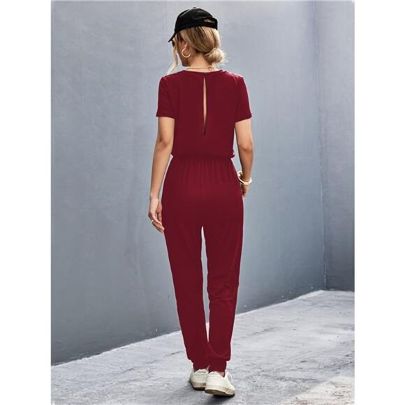 Casual V-Neck Short Sleeve Drawstring Waist Jumpsuit - Picture 4 of 7